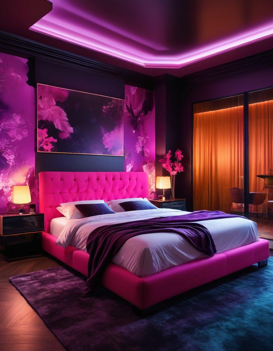 A luxurious, dimly-lit bedroom setting with silk sheets and a modern, sleek design. Silhouettes of diverse individuals enjoying themselves, emphasizing inclusivity and diversity. Neon lights in the background casting an inviting glow. super-realistic. vibrant colors. intimate yet classy atmosphere.